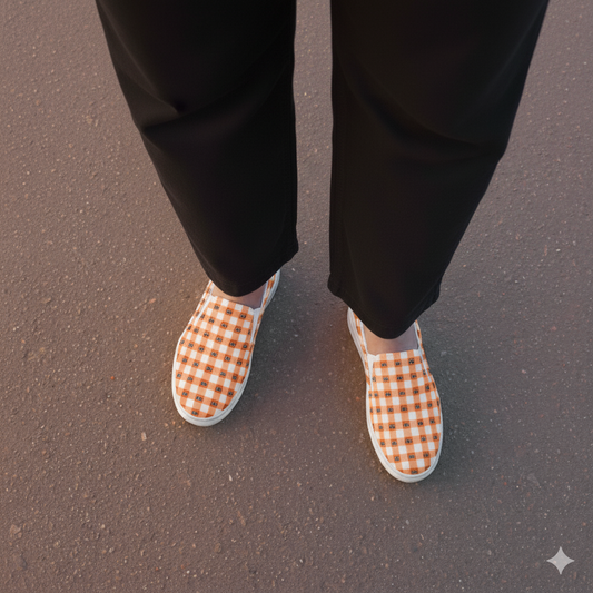 Kawaii Cat Checkered Women’s slip-on canvas shoes Orange