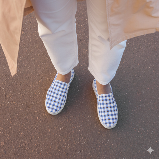 Kawaii Cat Checkered Women’s slip-on canvas shoes Blue