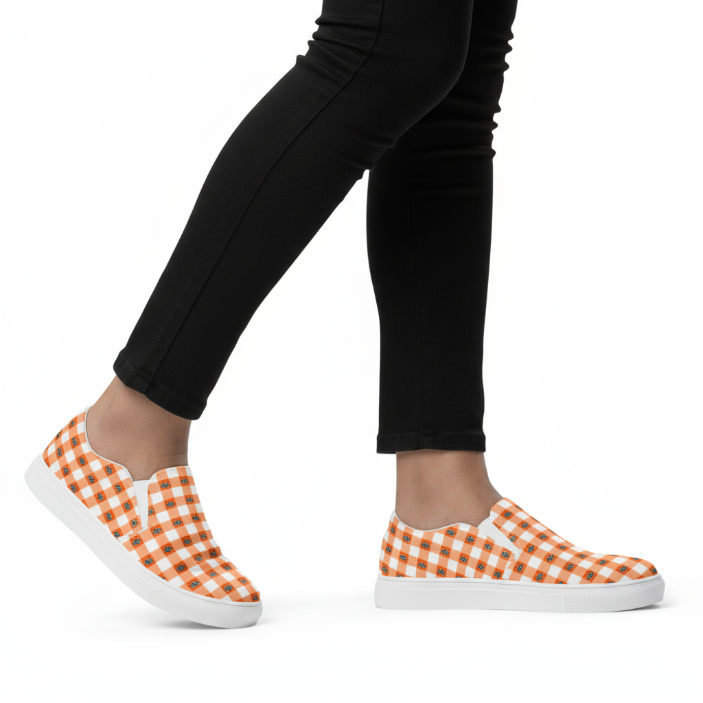 Kawaii Cat Checkered Women’s slip-on canvas shoes Orange