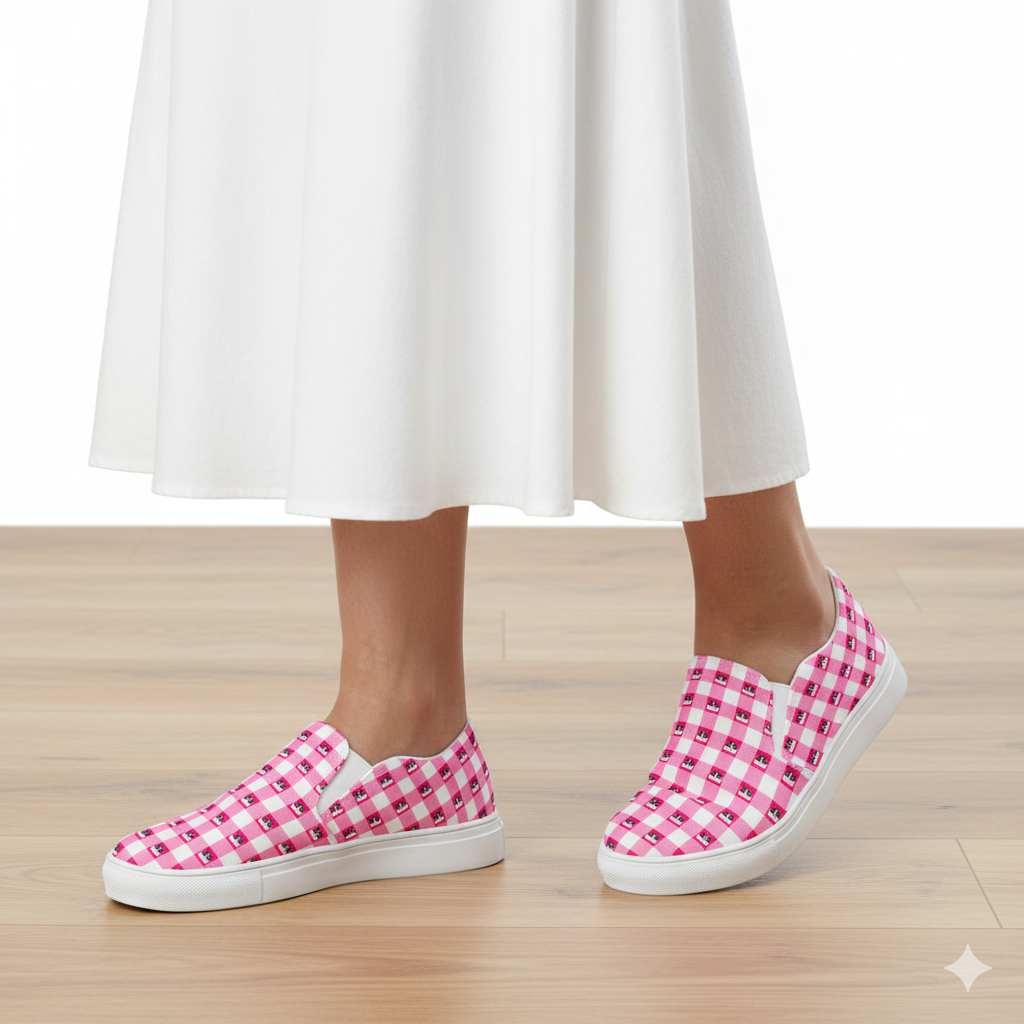 Kawaii Cat Checkered Women’s slip-on canvas shoes Pink