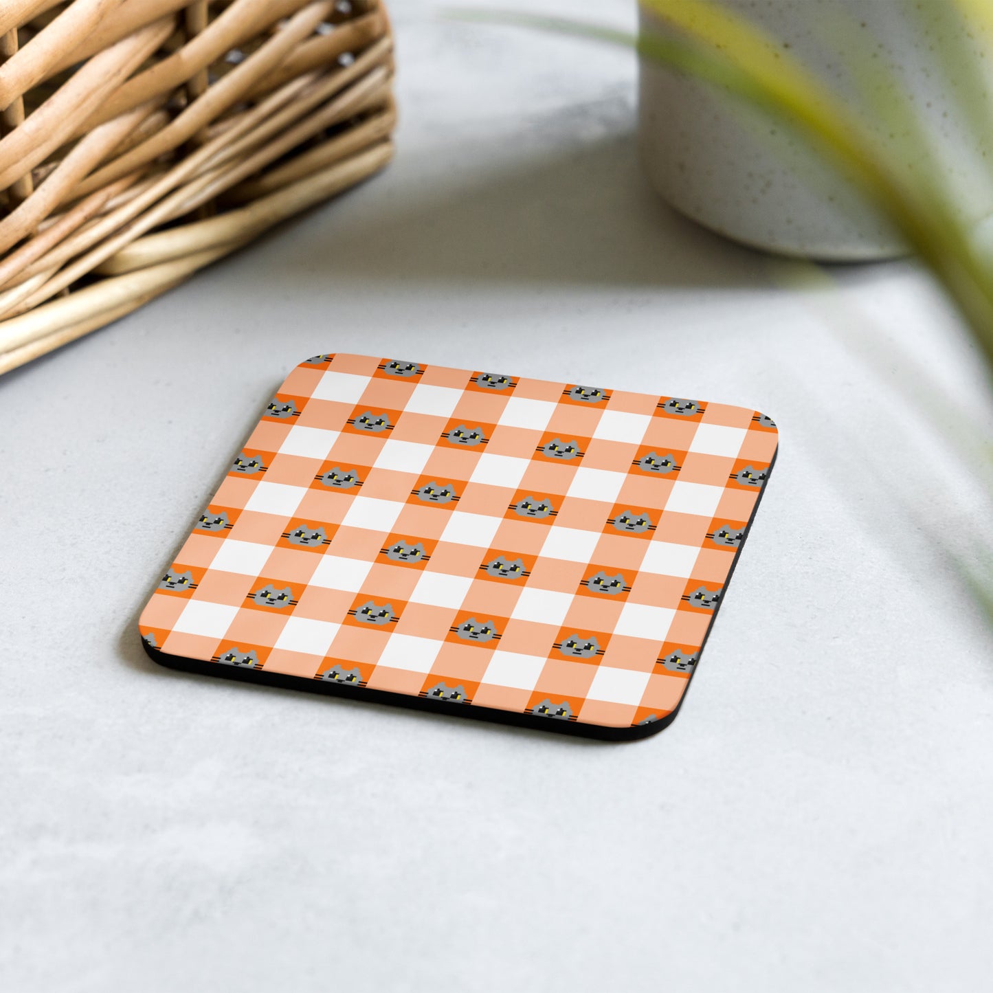 Kawaii Cat Checkered Cork-back coaster Boddah