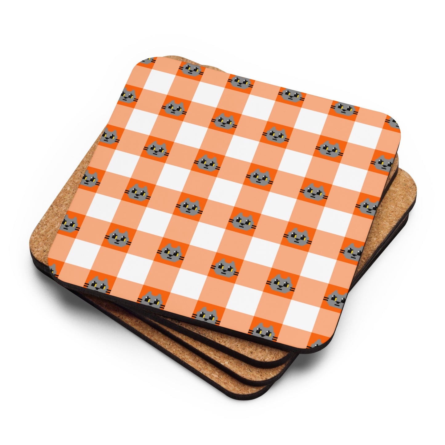 Kawaii Cat Checkered Cork-back coaster Boddah
