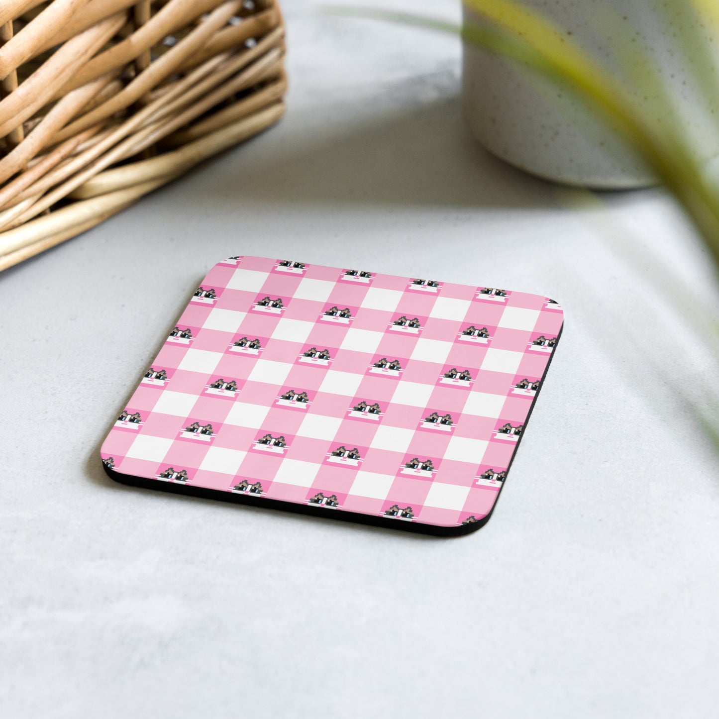 Kawaii Cat Checkered Cork-back coaster Frill