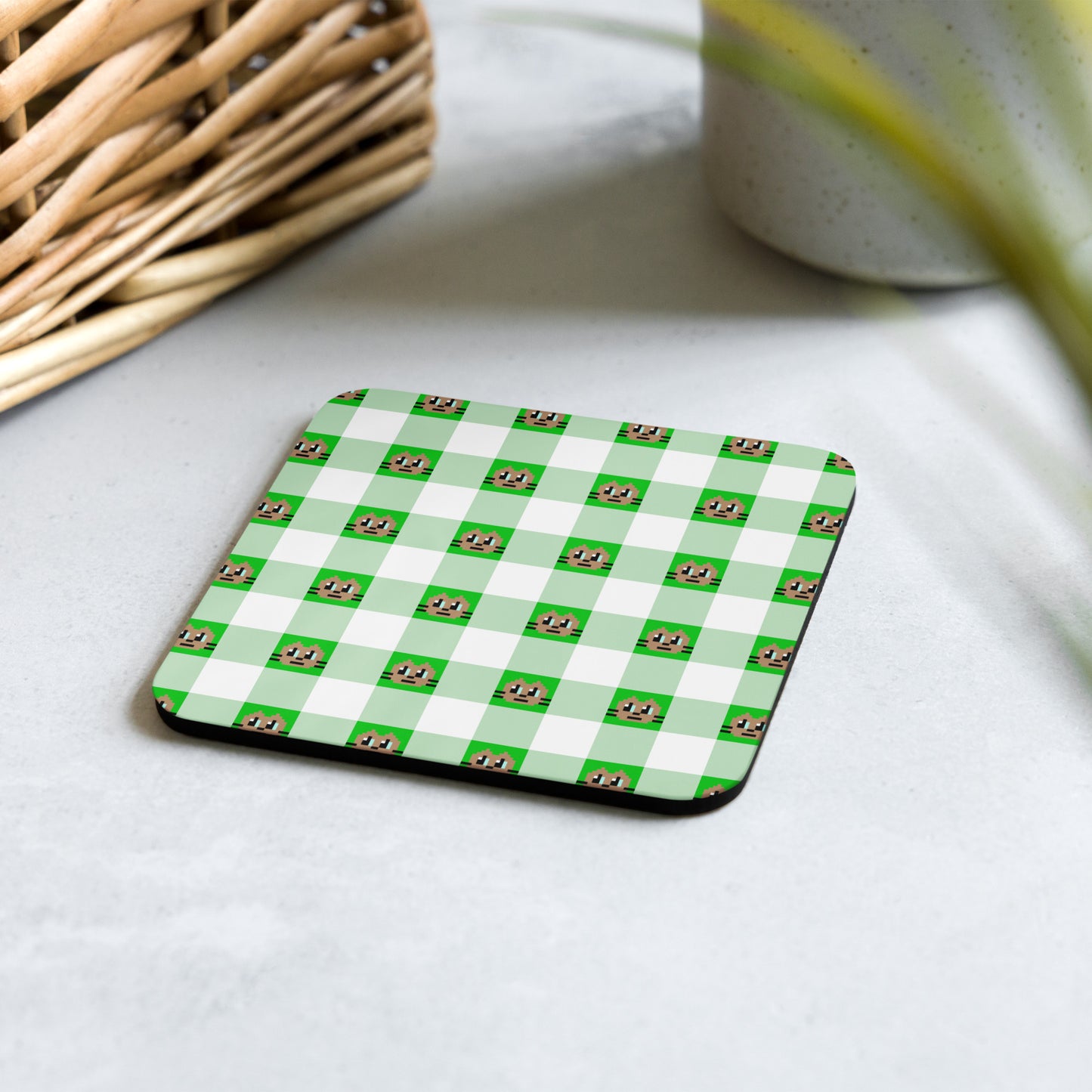 Kawaii Cat Checkered Cork-back coaster Cotora