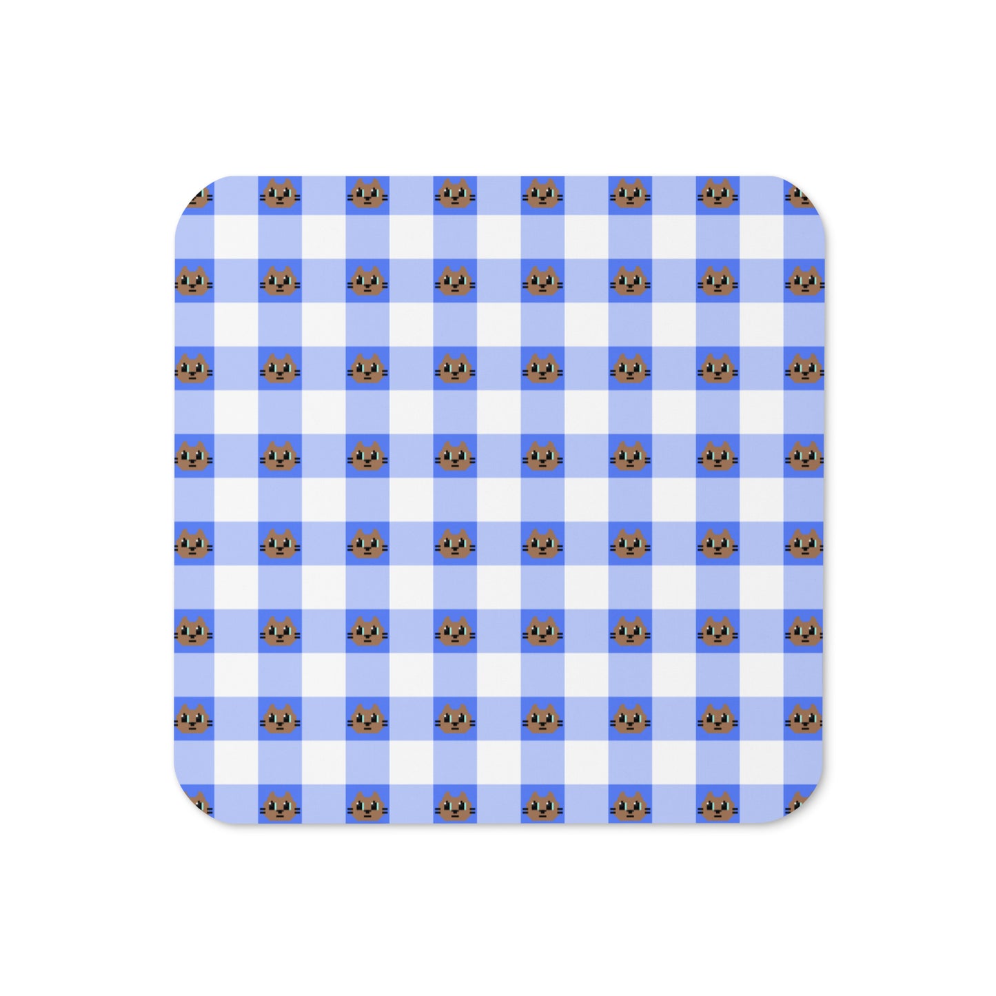 Kawaii Cat Checkered Cork-back coaster Cotora Blue
