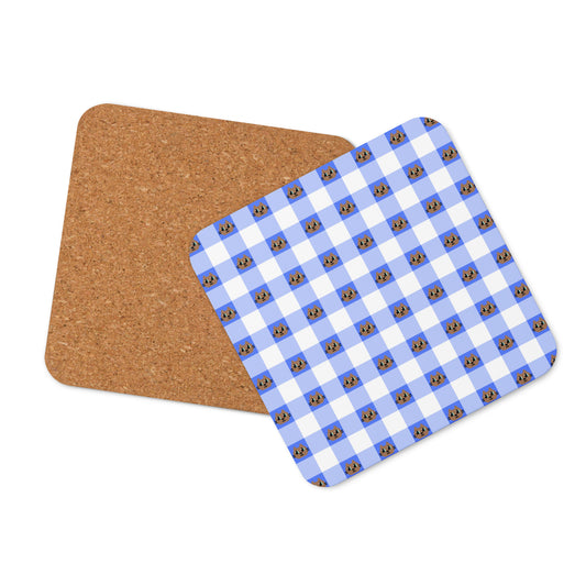 Kawaii Cat Checkered Cork-back coaster Cotora Blue