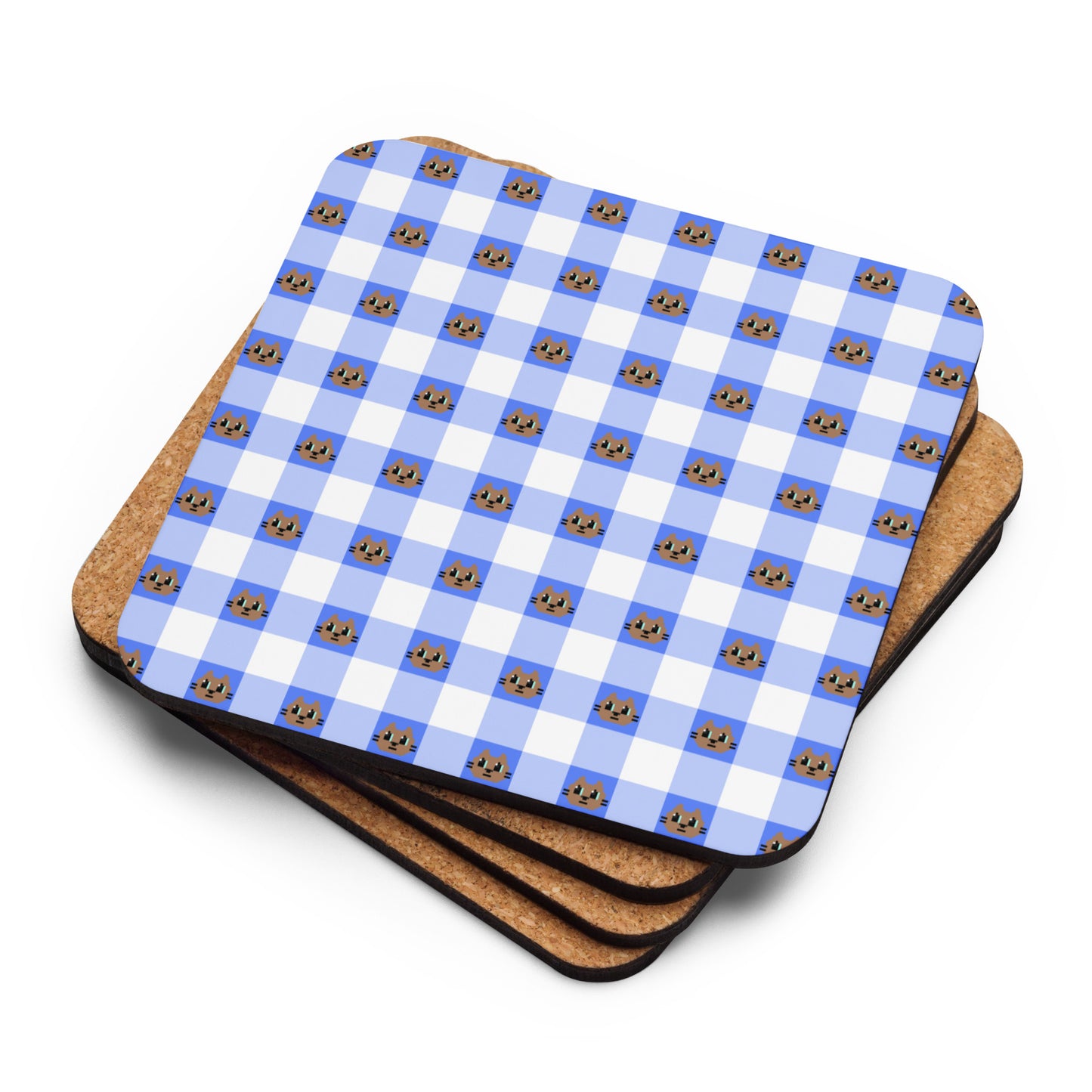 Kawaii Cat Checkered Cork-back coaster Cotora Blue