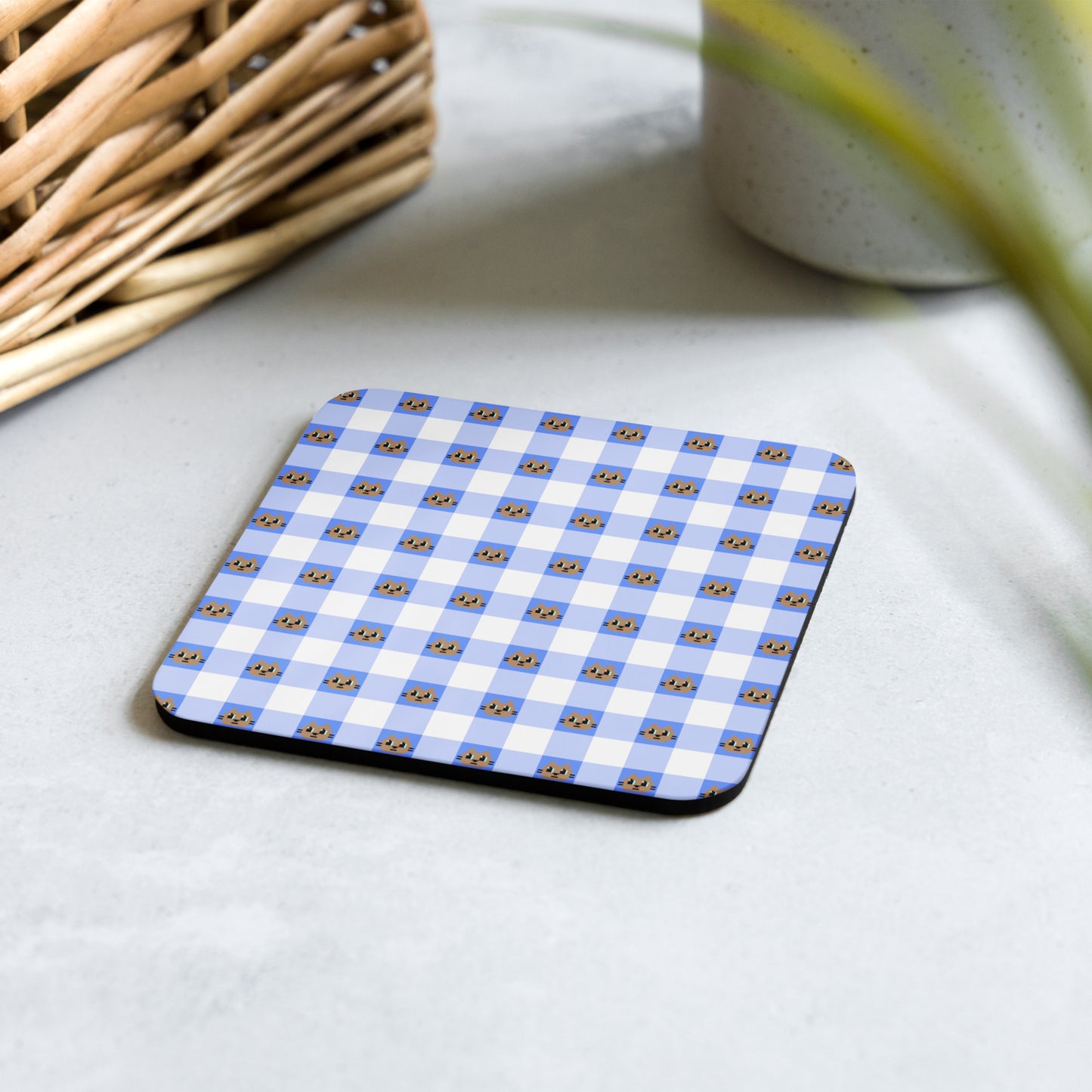 Kawaii Cat Checkered Cork-back coaster Cotora Blue