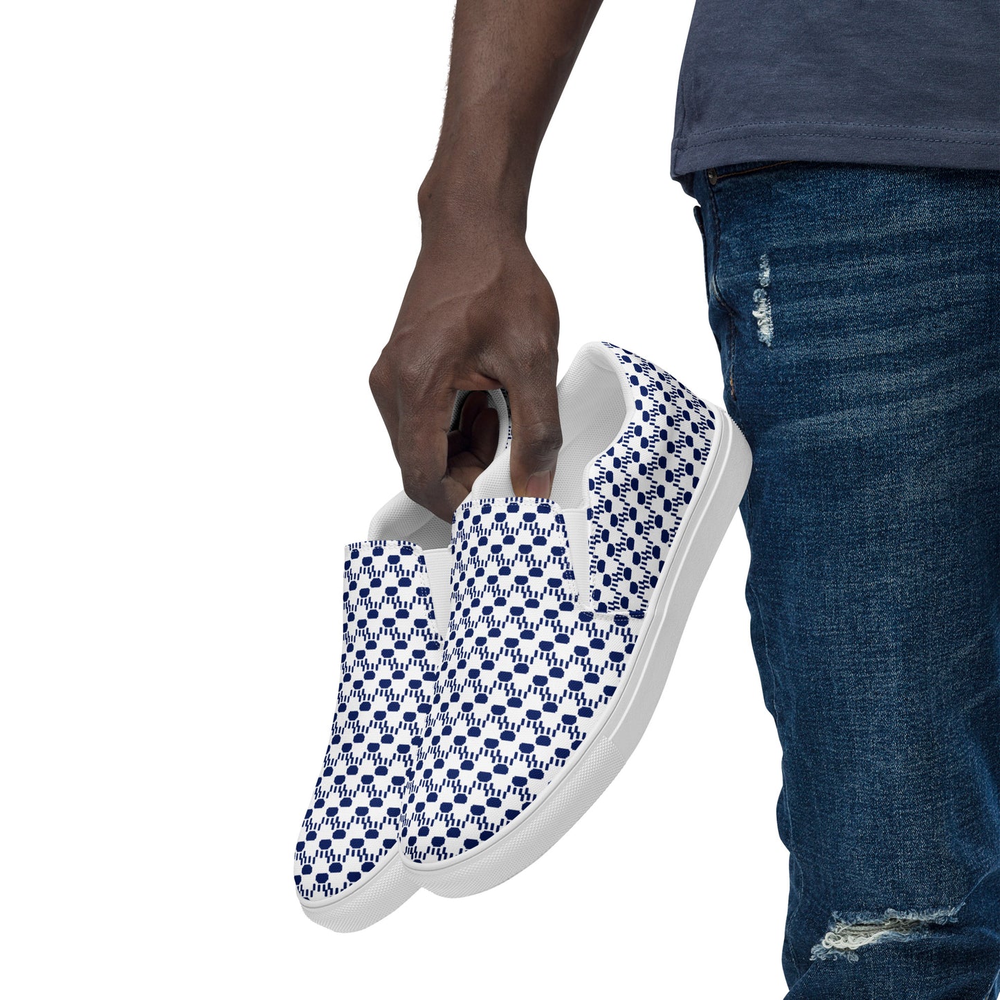 Kawaii Cat Men’s slip-on canvas shoes Paw pads and Claws Navy&White