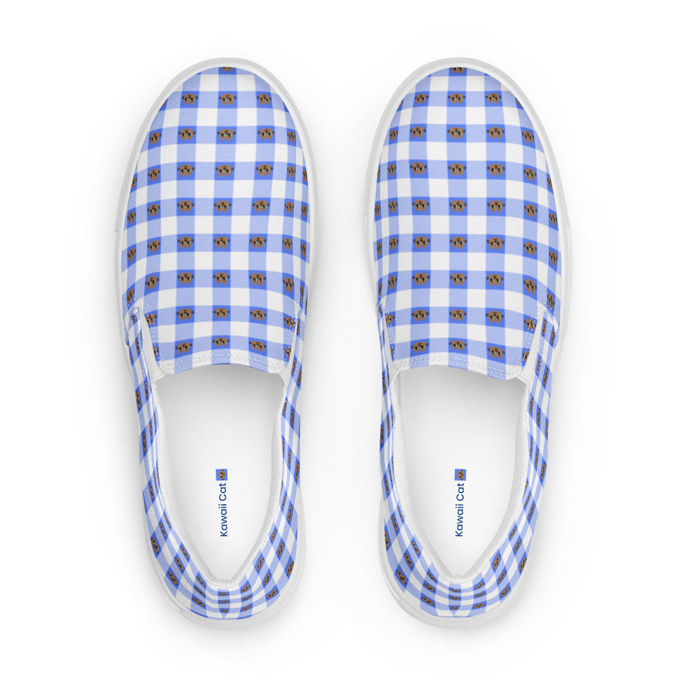 Kawaii Cat Checkered Women’s slip-on canvas shoes Blue