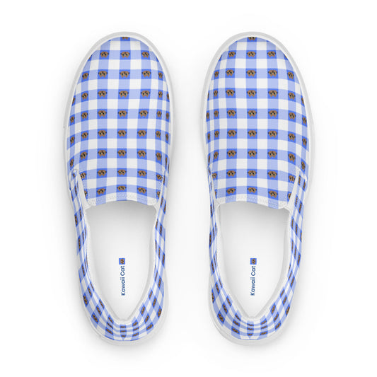 Kawaii Cat Checkered Women’s slip-on canvas shoes Blue