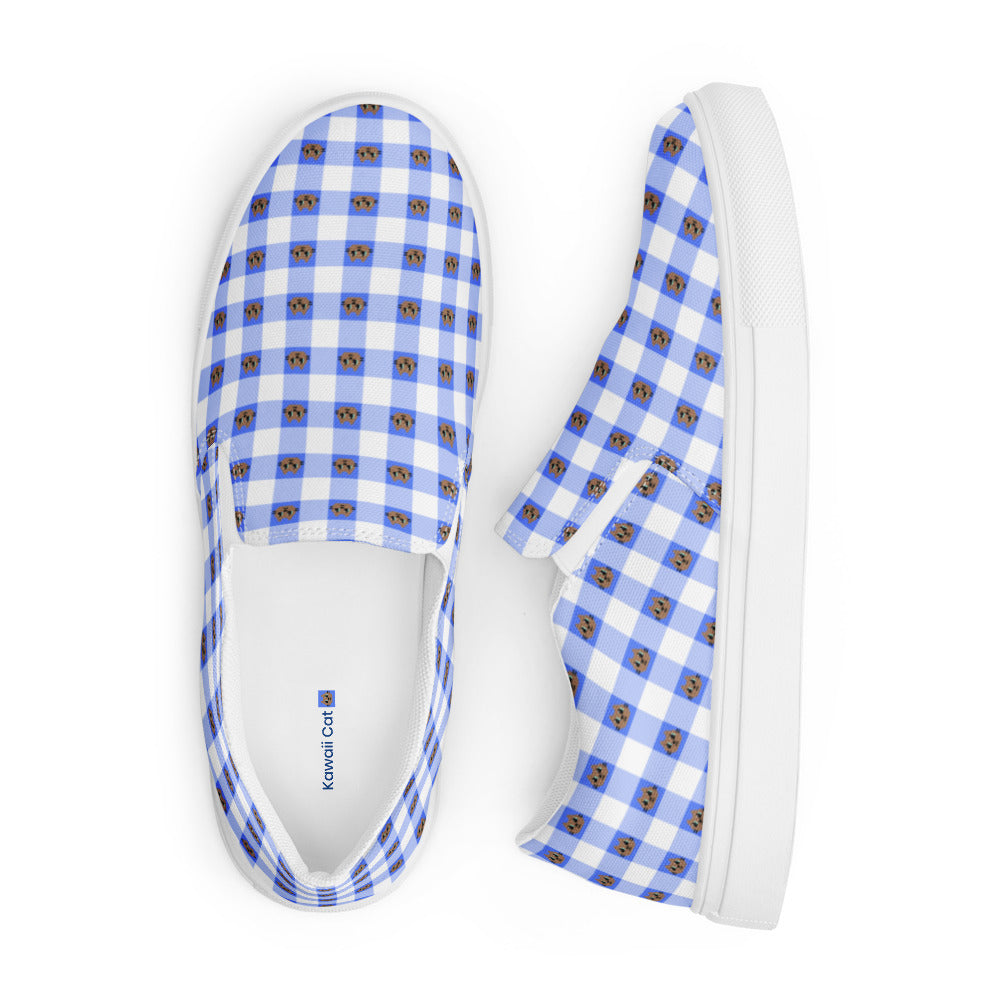 Kawaii Cat Checkered Women’s slip-on canvas shoes Blue