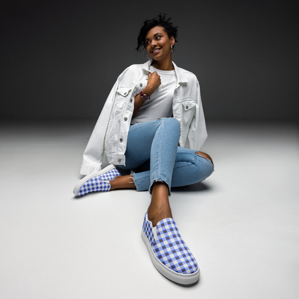 Kawaii Cat Checkered Women’s slip-on canvas shoes Blue