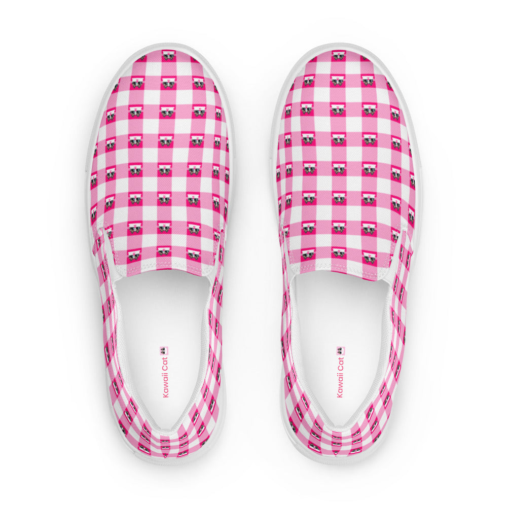 Kawaii Cat Checkered Women’s slip-on canvas shoes Pink