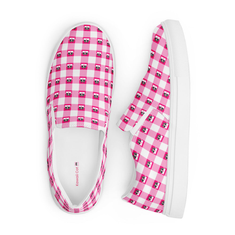 Kawaii Cat Checkered Women’s slip-on canvas shoes Pink