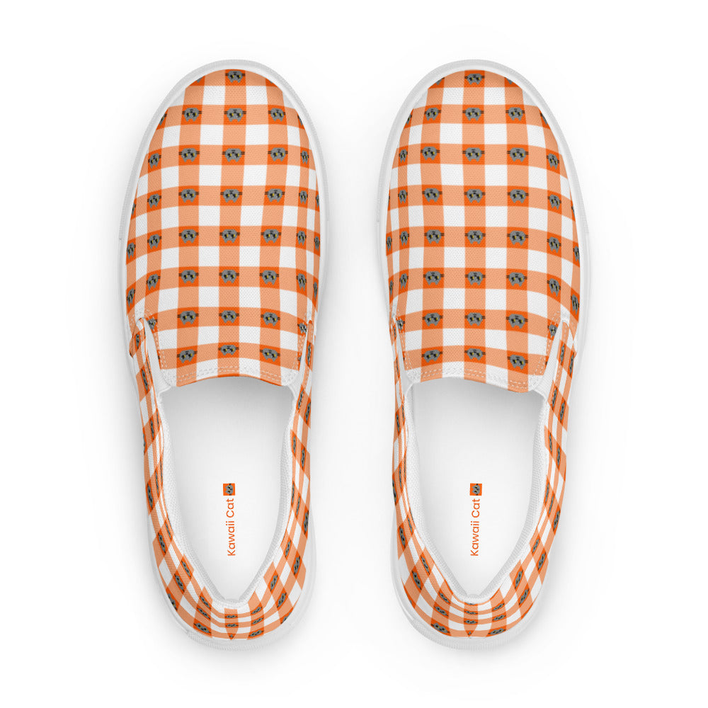 Kawaii Cat Checkered Women’s slip-on canvas shoes Orange