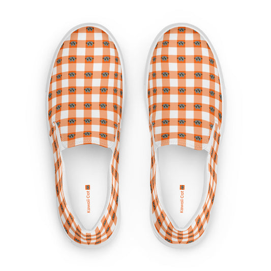 Kawaii Cat Checkered Women’s slip-on canvas shoes Orange