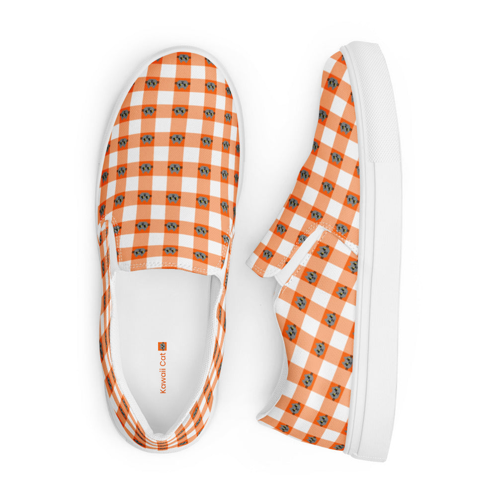 Kawaii Cat Checkered Women’s slip-on canvas shoes Orange
