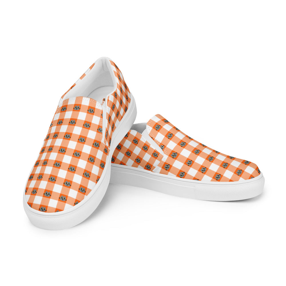 Kawaii Cat Checkered Women’s slip-on canvas shoes Orange