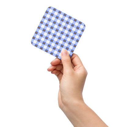 Kawaii Cat Checkered Cork-back coaster Cotora Blue