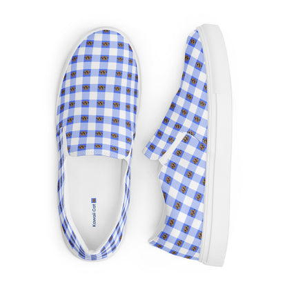 Kawaii Cat Checkered Women’s slip-on canvas shoes Blue